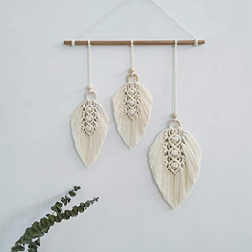 Clife Macrame Wall Hanging Feather Boho Chic Woven Leaf Tassels Decoration Cotton Ornaments - Bohemian Apartment Decorations - Living Room Bedroom Decor (Handmade Woven Wall Decor Art ) (3 Leaves-A)