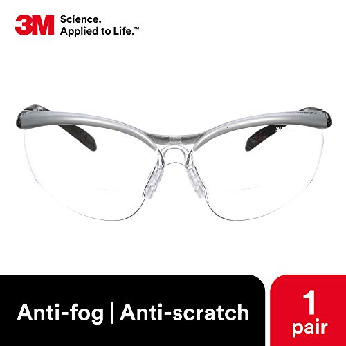 3M Safety Glasses with Readers, BX, +1.5, ANSI Z87, Anti-Fog Anti-Scratch Clear Lens, Silver Frame, Adjustable Length Temples and Lens Angle