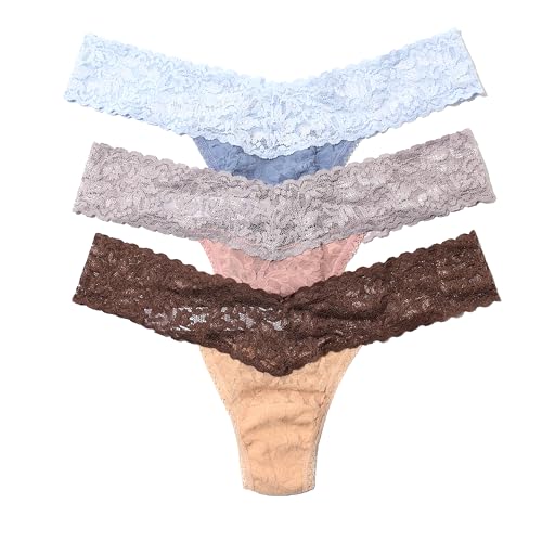 hanky panky - Signature Lace Low Rise Thongs for Women | One Size (2-12) | Comfortable Lacy Lingerie Panties | Chambray/Periwinkle, Desert Rose/Steel, Honey/Dutch Chocolate | 3 pack