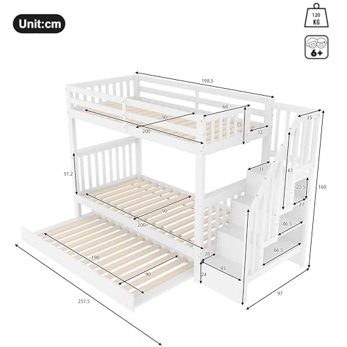 Azkoeesy Cama Infantil con Escalera y Cama Nido, 90x200 cm, litera para 3 niños y Adolescentes, con 3 somieres y almacenaje, para Adultos, Madera de Pino, Color Blanco - imagen 3