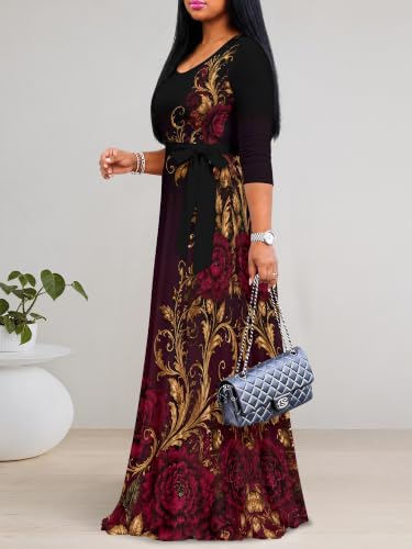 Image of Women's V Neck Floral Maxi Dress 3 /4 Sleeve Plus Size Boho Wrap Flowy Long Dresses with Belt