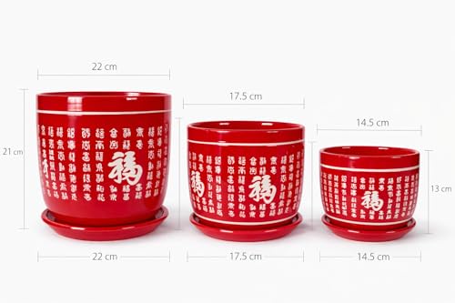 Image of Xtore Heritage Ceramic Planter Set with Drainage Trays | Oriental Pattern Plant Pots for Home, Balcony & Living Room Decor - (Set of 3, Red, Planter ONLY)