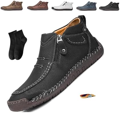 Mens Slip-On Orthopedic Leather Boots,Mens Handmade Premium Leather Slip-On Driving Boots,Men Side Zipper Orthopedic Shoes for Driving Hiking