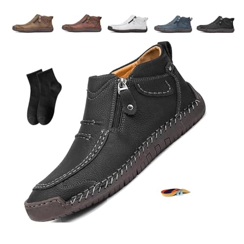 NoworFewer Shoes for Men,Men’s Slip-On Orthopedic Leather Boots, Men’s Handmade Premium Leather Slip-on Driving Boots – Wide Toe, Arch Support Side Zipper Orthopedic Shoes for Driving (Black,12)