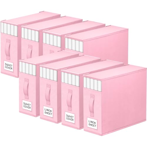 Image of StorageTastic 8 Pack Bed Sheet Closet Organizers and Storage,Sturdy Foldable Storage Containers with Window and Label,Storage and Organization for Bedding Sheets,Duvet Covers,Blankets (Pink)