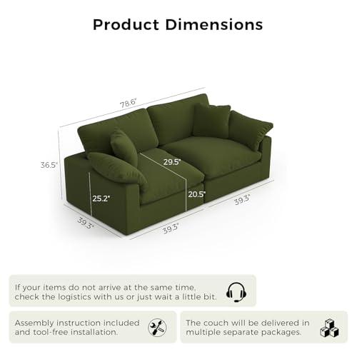 Image of Modular Sectional Sofa Cloud Couch,78.6 inch Down Filled Comfy Cloud Modern Sofa,2 Seater with Green Linen Couch Cushion Covers Removable Furniture for Living Room