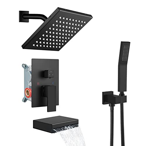 Aolemi Matte Black Rainfall Shower System 8 Inch Shower Head Combo Set Waterfall Tub Filler Handheld Shower Luxury Pressure Balance Rough-In Valve Included Wall Mount Bathroom Shower Mixer Faucet