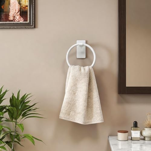 Image of STWWO Hand Towel Holder Adhesive, Round Towel Ring for Bathroom RV, White | for Bath RV Kitchen, Self Adhesive Wall Mounted, No-Drill Stick On Renter Friendly