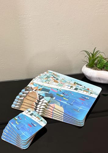 Image of Premium Cork Backed Placemats and Coasters Set of 12 Large Dining Table Mats Coasters Set Coastal Seaside Harbor Design Heat Resistant Non Slip Table Protectors