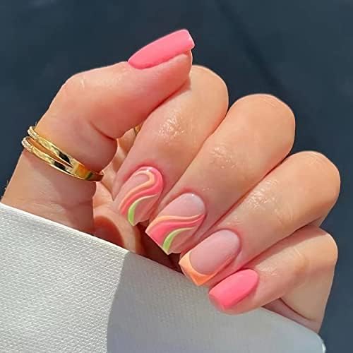 Multicolour Press on Nail Short, Square Fake Nail with Nail Glue Color French Wave Design Artificial Acrylic False Nail for Women and Girls 24 Pcs