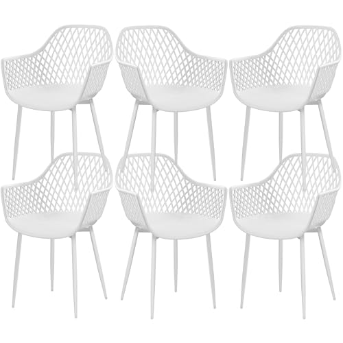 buybyroom Lot de 6 chaises de salle à manger avec accoudoirs, pieds en métal, dossier ergonomique, large coque, capacité de charge 120 kg, blanches