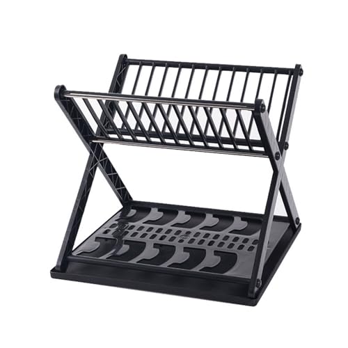 Escurreplatos de 2 niveles para encimera de cocina, escurridor de platos para encimera de cocina, soporte para utensilios, portavasos (negro)