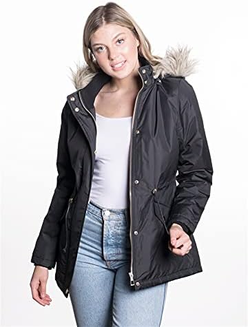 BodiLove Women's Warm Winter Short Coat High Collar Jacket with Removable Faux Fur Hood Zipper Snap Buttons Wind Blocker Black S - Image 3