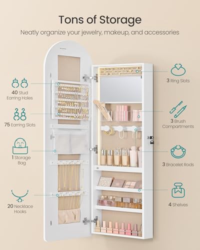 Image of SONGMICS Wide Jewelry Organizer, LED Jewelry Cabinet Wall /Door Mounted, Arched Mirror with Storage, Lockable, Rounded Corner, Interior Mirror, 3.9 x 16.5 x 55.1 Inches, Cloud White UJJC040WB01