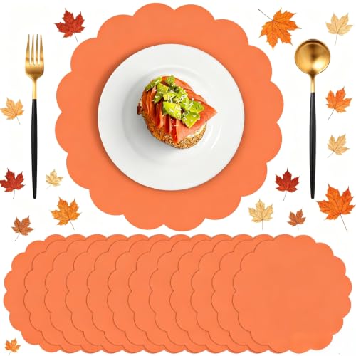 60 Pcs Orange Paper Placemat, Disposable Scalloped Fall Placemats