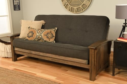 Kodiak Furniture Washington Full Size Futon Sofa Bed, Rustic Walnut Hardwood Frame with Linen...
