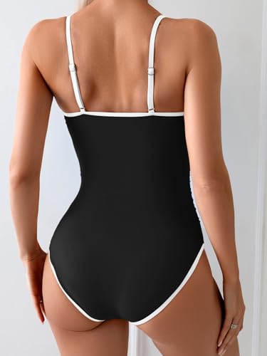 Image of Eomenie Women's One Piece Swimsuit Tummy Control Slimming Bathing Suit Color Block Spaghetti Strap Swim Suit 1 Piece Swimwear, Medium