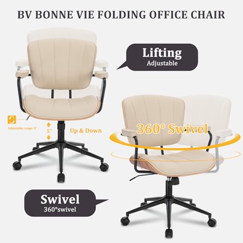 Image of Mid Century Modern Office Chair, Fixed Back Rolling Desk Chair with Armrests and Walnut Back, Adjustable Height for Home Office, Beige