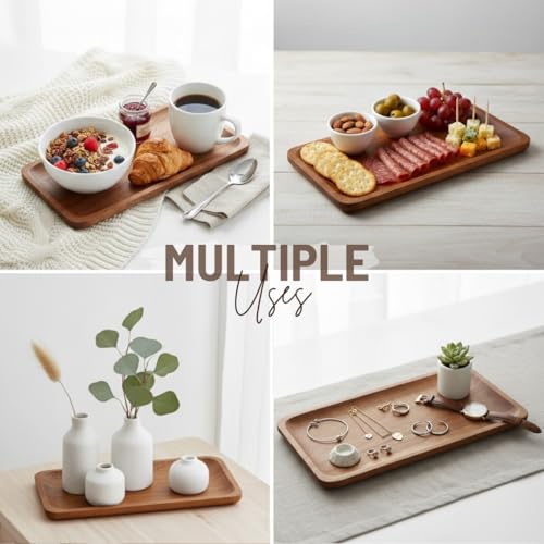 Image of SAAGA Acacia Solid Wood Rectangular Serving Platter Set of 4 | 12 x 5 Inch Wooden Serving Tray for Snacks, Fruits, Desserts & Appetizers | Multipurpose Acacia Wood Food Platters | Ohio Collection