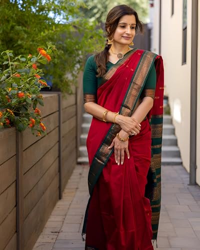 Image of ILAIYAAL CLOTHINGS Women's Kanjivaram Cotton Silk Saree South Indian Paithani Sari | gadwal cotton sarees with Zari Border and Blouse Piece - Suitable For All Indian Occasions and Festivals 191
