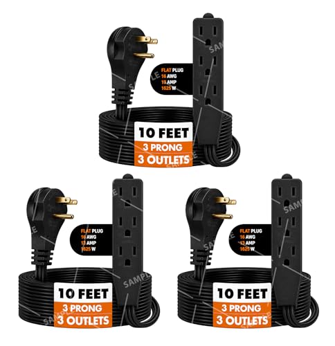 BindMaster 8 Feet Extension Cord/Wire, 3 Prong Grounded, 3 outlets, Angled Flat Plug, Black (3 Pack)