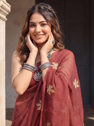 Image of AKHILAM Women's Shimmer Off White Chanderi Cotton Floral Hand Paint Embroidered Lace work Saree With Unstitched Blouse Piece | saree for woman | Designer Saree for Women | Soft and Skin Friendly