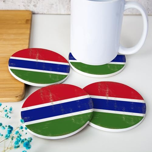 Lot de 4 sous-verres ronds vintage avec drapeau national de la Gambie pour table basse, sets de table amusants avec base pour la maison, 10,2 cm