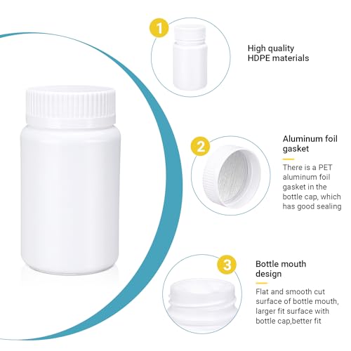 Image of White Pill Bottle, Empty Medicine Bottles with Screw Caps for Pills Capsules Vitamins, Food Grade Plastic Medicine Containers with Labels for Travel (3.4oz /100ml, 4 Pcs)