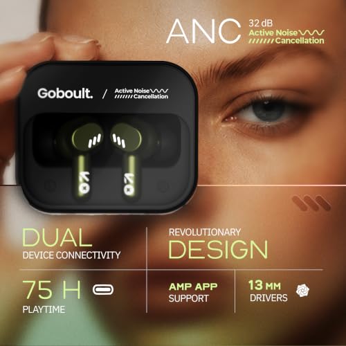 Image of GOBOULT Tenet Pro with ANC TWS Earbuds, 75H Playtime, Amp App Support, 32dB ANC, Quad Mic ENC, Dual Device Pairing, 13mm Driver Ear Buds, Bluetooth 6.0 Wireless Earbuds (Olive Green)
