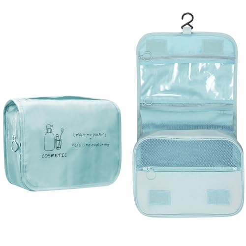 FINPAC Neceser Viaje, Gran Capacidad Bolsa de Aseo Bolsa de Maquillaje de Viaje, Organizador de Cosmético Neceser Maquillaje con Gancho Colgante para Hombre y Mujer (Azul)
