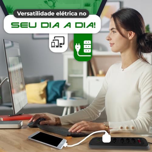 Extensão Filtro de Linha Régua Elétrica Com 4 Tomadas de 10A Padrão BR e 1 Universal, 2 Porta USB e