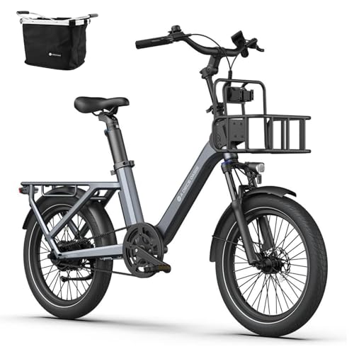 Ado AirOneUltra Bicicleta Electrica Familiar Adultos, Neumático de 20×2,4'', Motor Bafang,40 NM, Soporte Mik, Accesorios Ado, BateríA ExtraíBle, Autonomía,Cesta Plegable (Gris Claro de Luna)