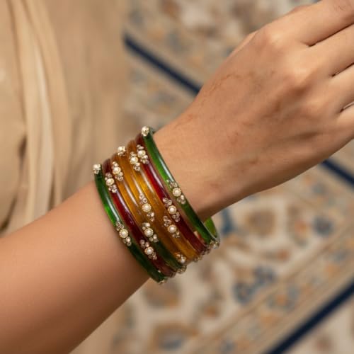 Image of SUNDRAM Women's Premium Fancy Glass Bangles for Women & Girls |with Zircon Gemstone Work & Charm| Traditional Ethnic Bangles Set of 12