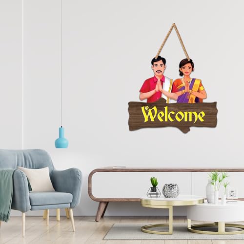 Image of Decor Smart Wooden Wall Hanging | Traditional Welcome Plaque | Home Decor Accent | Decorative Wall Art with Indian Couple Design | Decoration for Living Room | Bedroom & Hall | Restaurant (DWA 8701)