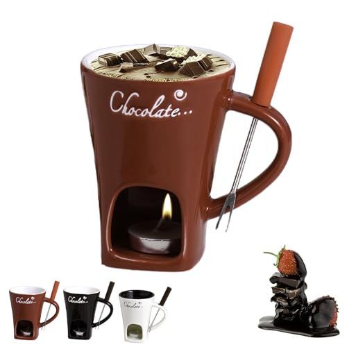 Generico Tazzas per Fonduta al Cioccolato, 200ml Tazzas Sciogliere Il Cioccolato, TazzaIn Ceramica Fonduta Dolce con Forchetta E Candela Tealight, TazzaScaldavivande per Caramelle, Salse, Dessert(A)