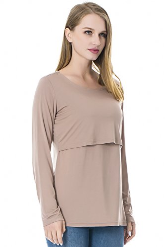 Smallshow Women's Nursing Tops Long Sleeve Shirts For Breastfeeding 3-Pack Medium Black-Brown-Light Grey #TOP3