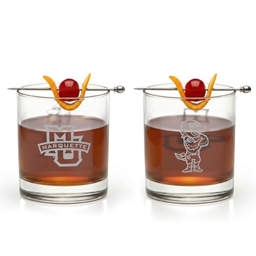 Greenline Goods Marquette University Golden Eagles Whiskey Glasses Set of 2, 10 oz Sand-Etched Rocks Glasses with School Logos – Officially Licensed Bourbon Glass Gift for Alumni & Fans