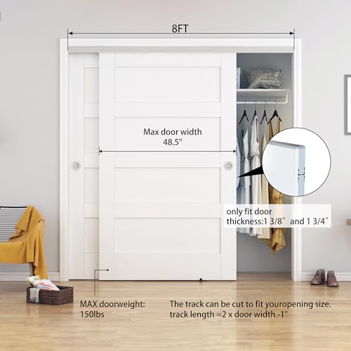 BARNSMITH 8FT/96 Bypass Door Hardware,Heavy Duty Aluminum Sliding Closet Door Hardware with Finger Pulls for 2 Doors System,Sturdy and Smoothly,Fit Door Thickness 1 3/8" or 1 3/4",Easy to Insatll