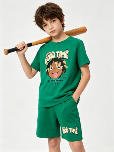 Image of Size 6-12 Years Boys Summer Outfits Set Kids Short Sleeve Top T-Shirt & Shorts Color Block Clothing Sets