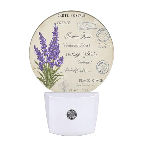 Image of Lavender Night Light Purple Floral Spring Summer Flowers Night Lights Plug into Wall Dusk to Dawn Sensor Round LED Lighting for Men Women Boys Girls, 0.5W Energy Efficient