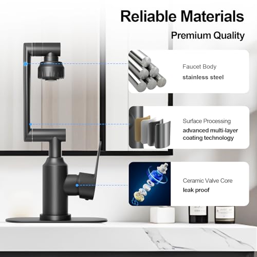 Black Bathroom Faucets, FunnyAir Stainless Steel 1080° Rotatable Bathroom Sink Faucet 1 Hole or 3 Holes, Single Handle Bathroom Faucets with Hot and Cold Hoses, 2 Water Outlet Modes, Matte Black thumbnail 8