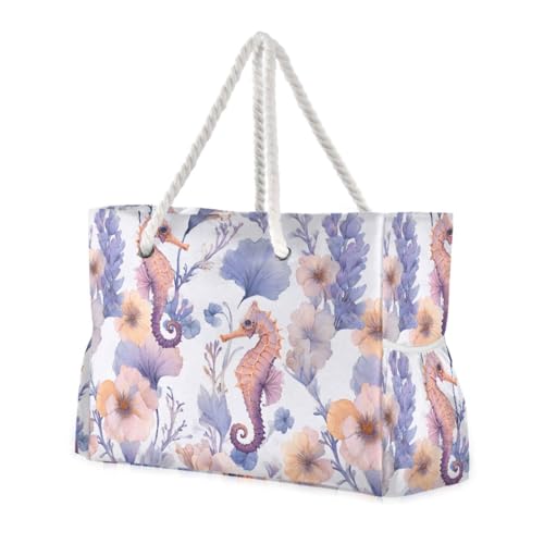susiyo Seahorses and Flowers Beach Bags for Women Large Travel Tote Bag Waterproof Sandproof Lightweight Swim Pool Bag for Family Outdoor