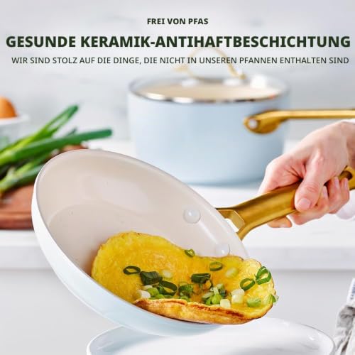 Foto von GreenPan Reserve Harteloxiertes Gesundes Keramische Antihaft-Kochgeschirr Set,10 Teile, Hellblau, Inklusive Bratpfannen Sautierpfanne und Kochtopf,Goldgriff,PFAS-frei,Induktion,Backofenfest,Lichtblau