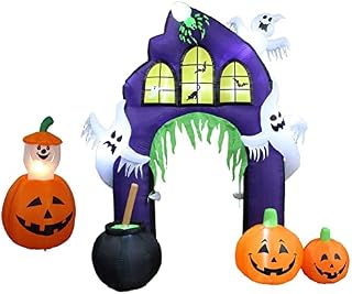 TWO HALLOWEEN PARTY DECORATIONS BUNDLE, Includes 4 Foot Animated Inflatable Pumpkin and Ghost, and 9 Foot Tall Inflatable Castle Archway with Pumpkins Spider Ghosts Cauldron Outdoor Blowup with Lights