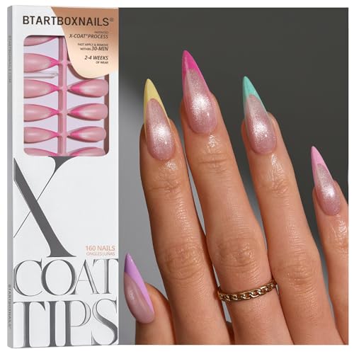 BTArtboxnails XCOATTIPS 5 Brighter Pastel French Tip Press on Nails - Long Stiletto Cat Eye Base 4-Week Wear Easy-to-Apply Soak Off Salon Quality Value at Home 16 Size - 160 Fake Nails