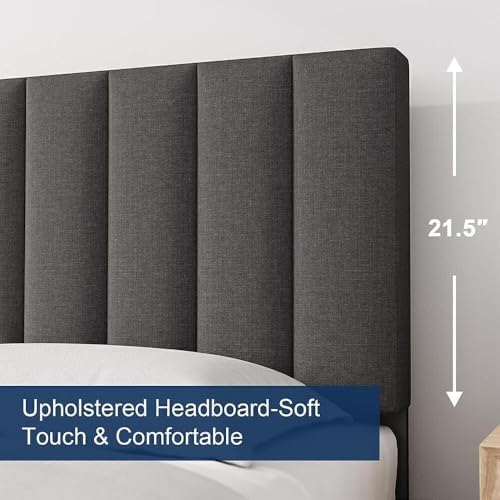 Image of Wooden Modern Upholstered King Size Bed for Bedroom | Wooden Double Bed Without Storage | Platform Cot Upholstered Bed with Upholstery Fabric | Engineered Wood | 6.5 x 6 Ft | Dark Grey
