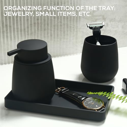 AJEUNGAIN 5-teiliges Badezimmer Set Schwarz mit 6 L Metall Mülleimer Treteimer mit Inneneimer, Seifenspender, Zahnputzbecher, WC-Bürste & Ablageschale, Modern Badezimmer Organizer (Schwarz)