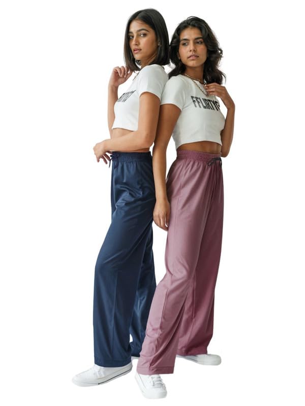 Image of Fflirtygo Women's Cotton Solid Pyjama /Track Pants, Navy Blue and Lavender (Pack of 2)