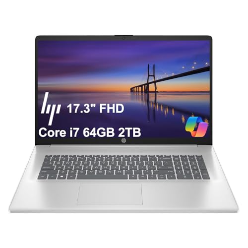 Image of HP 17 Laptop (17.3 inch FHD, Intel 10-Core i7-1355U, 64GB RAM, 2TB SSD) for Business, Home, Students, Long Battery Life, Narrow Bezel, Numeric Keypad, Webcam, Wi-Fi 6, Fast Charge, Win 11 Home