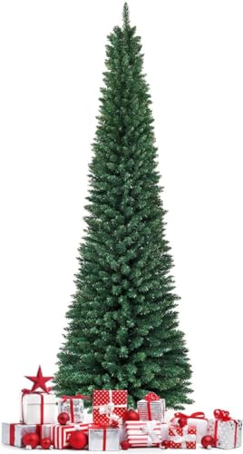 Giantex 2.4M Christmas Tree, Fir Pencil Artificial Tree, Classic Natural Christmas Tree, with 1000 Tips, Foldable and Flexible Stand, PVC Plastic Thick Leaves, Traditional Indoor & Outdoor Decoration